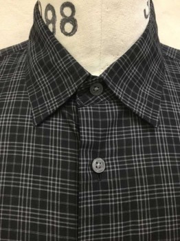 JOHN VARVATOS, Black, Off White, Beige, Cotton, Polyester, Plaid, Black with Off White, Beige Plaid, Collar Attached, Button Front, 1 Pocket, Long Sleeves, Double,