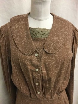 N/L, Lt Brown, Tan Brown, Cotton, Abstract , Light Brown with Tan Dashes Pattern, Long Sleeves, Round Collar with Self Inset Modesty Panel with Tan Crochet Trim, 4 Button Shirtwaist, Gathered At Waist, 2 Vertical Pleats At Either Side Of Waist To Hem, With Hidden Hook & Eye Closures Under One Of The Pleats, Puffy Sleeves with Gathered Shoulders, Floor Length Hem, Made To Order,