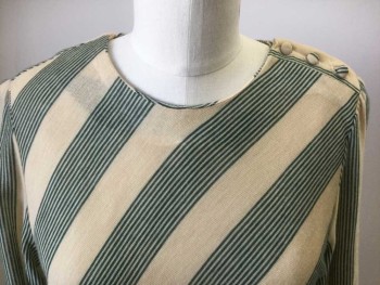 N/L, Cream, Forest Green, Wool, Stripes - Diagonal , Jersey, Long Sleeves, Round Neck, Elastic Waist. Button Closure at Left Shoulder, Knee Length, ***Matching Self Belt
