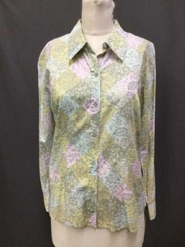 SIGRID OLSEN, Mint Green, Pink, Yellow, Olive Green, Tan Brown, Cotton, Floral, Diamonds, Pale Mint,pink,yellow,olive,tan Floral,diamond Print, Collar Attached, Button Front, Long Sleeves,
