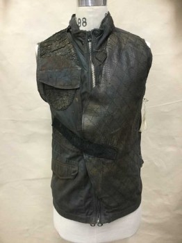 Mens, Vest, NO LABEL, Dk Gray, Black, Cotton, Solid, L, Zip Up, Collar with Zipper Around, Multi Pocket, Faux Animal Panels, Interior Drawstring Waist, Aged, Post Apocalyptic, Multiples