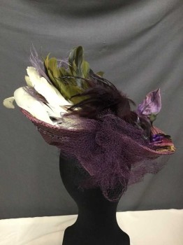NO LABEL, Plum Purple, Olive Green, Teal Blue, Mauve Pink, Purple, Synthetic, Woven Fascinator with Feathers, Mesh, Fake Berries and Fabric Leaves, Embroiderred Lace Trim,