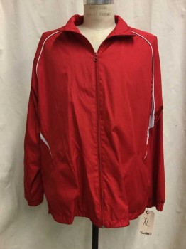 Mens, Casual Jacket, TEAM WORK, Red, White, Polyester, Solid, XL, Red, White Piping Trim, Zip Front, 2 Pockets, Faint Self Grid