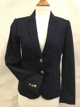 Womens, Blazer, J CREW, Navy Blue, Wool, Spandex, Solid, 0, Single Breasted, 2 Buttons,  3 Pockets, Notched Lapel, Classic Blue Blazer