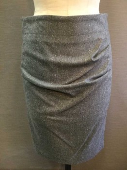 Womens, Skirt, Knee Length, BRUNELLO CUCINELLI, Gray, Wool, Silk, Tweed, 4, Gray Tweed with Solid Gray Cotton Side Panels, Pleated Horizontally at Side Panel, Back Zipper, Center Back Slit