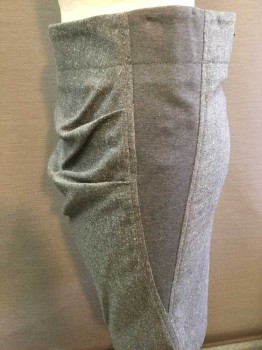 Womens, Skirt, Knee Length, BRUNELLO CUCINELLI, Gray, Wool, Silk, Tweed, 4, Gray Tweed with Solid Gray Cotton Side Panels, Pleated Horizontally at Side Panel, Back Zipper, Center Back Slit