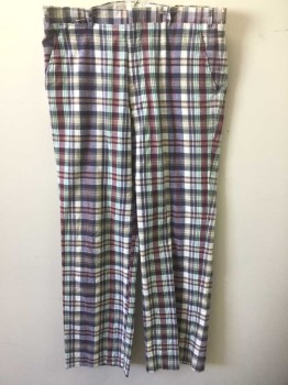 Mens, Casual Pants, BROOKS BROTHERS, Multi-color, White, Navy Blue, Green, Red Burgundy, Cotton, Plaid, Ins:31, W:38, Madras Plaid, Flat Front, Zip Fly, 5 Pockets (Including 1 Watch Pocket), Straight Leg **Small Split at Center Back Waist Seam