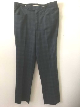 N/L, Charcoal Gray, Blue, Cotton, with Faint Blue Grid Pinstripes, Brown Check, Flat Front, Button Tab Waist, Zip Fly, 4 Pockets, Straight Leg,