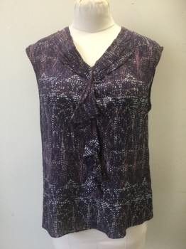 BANANA REPUBLIC, Purple, Mauve Pink, Lt Blue, Silk, Novelty Pattern, Shell Blouse with Cawl Neckline with Self Jabot Ruffle at Center Front, Sleeveless