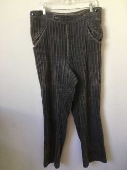 Mens, Historical Fiction Pants, MTO, Gray, Cotton, Stripes, 30, 34, Chunky Corduroy, Wide Wale ,Welted Angular Slash Front Pockets ,1800's Western Frontier , Zip Fly, Button Tab ,Faded in Areas