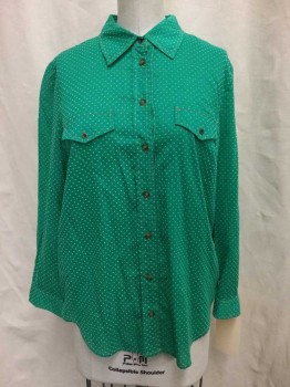 MAEVE, Green, Gray, Cotton, Polka Dots, Sheer Green, Polka Dot Print, Button Front, Collar Attached, Long Sleeves, 2 Flap Pockets