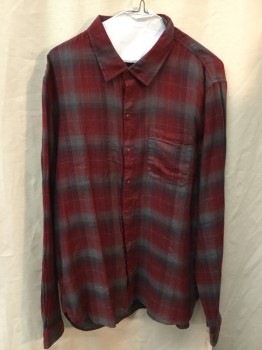 Mens, Casual Shirt, JOHN VARVATOS, Dk Red, Gray, Cotton, Plaid, L, Dark Red/ Gray Plaid, Button Front, Collar Attached, 1 Pocket,