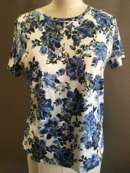 Womens, Top, LAURA SCOTT, Off White, Blue, Green, Mustard Yellow, Black, Cotton, Floral, L, Off White W/multi Blue, Green, Black,gray Floral Print,Round Neck,  Short Sleeve,
