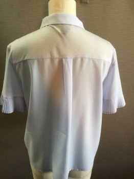 FRENCH CONNECTION, Sky Blue, Polyester, Solid, S/S with Knife Pleat Edge, Button Front Hidden By Placket, CA, Knit Yoke Center Back,