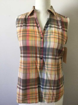 Womens, Top, GAP, Pink, Yellow, Beige, Brown, Navy Blue, Cotton, Plaid, L, Pullover, Button Front Placket, Sleeveless, Collar Attached,