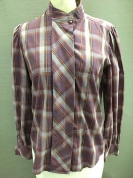 CASUAL CORNER, Lavender Purple, Dusty Purple, Red, Black, Yellow, Cotton, Polyester, Plaid, Long Sleeve Button Front, Stand Collar, Puffy Sleeves,  Covered Button Placket,