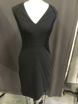 REBECCA TAYLOR, Black, Polyester, Wool, Solid, Black Sleeveless Vneck with Side Lace Detail Om Both Sides