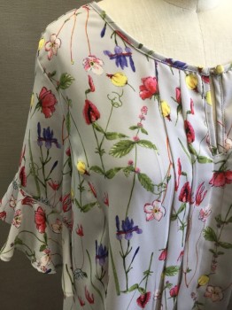LIZ CLAIBORNE, Lt Gray, Purple, Yellow, Red, Gray, Polyester, Floral, Short Sleeves, Gold 1 Button Keyhole Center Front, Ruffle Edge on Sleeves, Pleats Center Front,