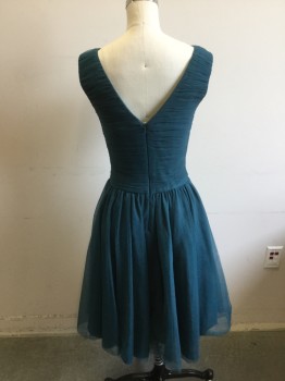 Womens, Cocktail Dress, UNIQUE VINTAGE, Teal Blue, Polyester, Solid, W25, XS, Vintage 50's Style. Poly Chiffon. Rushed Fitted Bodice,. V.  Front and Back. Chiffon Drape at Front Neck. Skirt Gathered to Waist, Zipper Center Back,