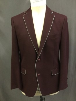 Mens, Sportcoat/Blazer, TALLIA, Wine Red, Black, White, Wool, Solid, 42R, Solid Wool with Black and White Cord Trim, 2 Button Single Breasted, Different Colored Buttons