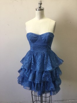 Womens, Cocktail Dress, ALICE & OLIVIA, Blue, Polyester, Silk, Floral, 0, Strapless Dress, Silk Organza & Poly Lace Overlay. Fitted Bodice with Wired Cups, 3 Tiered Ruffled Skirt, Zip Center Back,