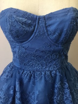 Womens, Cocktail Dress, ALICE & OLIVIA, Blue, Polyester, Silk, Floral, 0, Strapless Dress, Silk Organza & Poly Lace Overlay. Fitted Bodice with Wired Cups, 3 Tiered Ruffled Skirt, Zip Center Back,