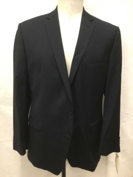 CALVIN KLEIN, Black, Wool, Solid, Single Breasted, 3 Pockets, 2 Buttons,  Notched Lapel, Gabardine