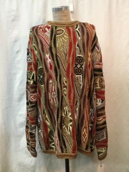 Mens, Pullover Sweater, COOGI, Brown, Red Burgundy, Red, White, Black, Cotton, Wool, Novelty Pattern, 4 XL, Brown/ Burgundy/ Maroon/ White/ Black Novelty Print, Crew Neck,
