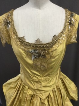 Womens, Historical Fiction Dress, MTO, Gold, Silk, Solid, W:24, B:34, Scoop Neck, Capsleeves, Basque Waist, Gold Lace on Bodice and Sleeves, Sequine/rhinestone Applique, Four Tierd Skirt with Pleated Detail, Hook and Eye/snap Back
