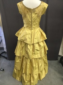 Womens, Historical Fiction Dress, MTO, Gold, Silk, Solid, W:24, B:34, Scoop Neck, Capsleeves, Basque Waist, Gold Lace on Bodice and Sleeves, Sequine/rhinestone Applique, Four Tierd Skirt with Pleated Detail, Hook and Eye/snap Back