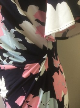 Womens, Dress, Short Sleeve, TAYLOR, Navy Blue, Lt Pink, Lt Blue, White, Polyester, Spandex, Floral, M, Navy with Light Pink/Light Blue/White Oversized Floral Pattern, Stretchy Material, Bateau/Boat Neck, 1/2 Sleeves with Ruffled Ends, Ruched at Side Waist, Knee Length
