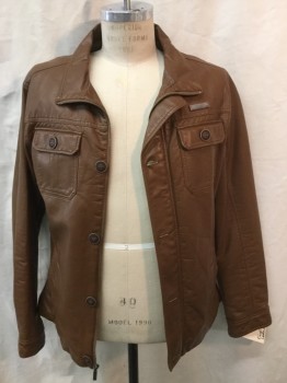 Mens, Leather Jacket, ENGLISH LAUNDRY, Caramel Brown, Faux Leather, Solid, L, Zip Front, 4 Buttons, 4 Pockets, Kind of 70's Looking