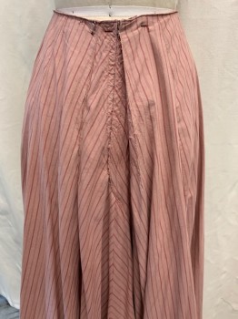 Womens, Historical Fiction Skirt, NO LABEL, Dusty Rose Pink, Raspberry Pink, Cotton, Stripes, 22, Dusty Rose, Raspberry Stripes, Horizontal Line of Stitching at Hip, Aging Stains in Front, Hook Eye Close Back