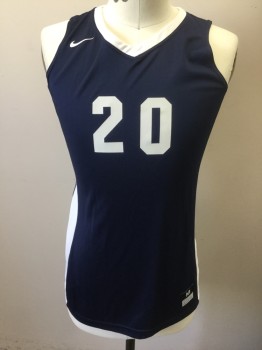 Unisex, Jersey, NIKE DRI FIT, Navy Blue, White, Polyester, Color Blocking, M, Navy with White V-neck, White Panels at Sides with Navy Stripes, Sleeveless, "20" at Front and Back