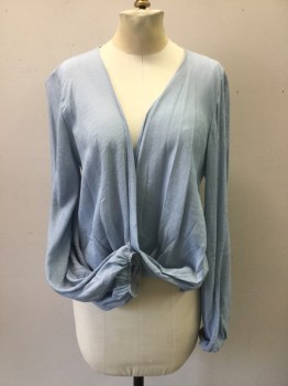 Womens, Blouse, TOP SHOP, Lt Blue, Synthetic, Stripes, S, Fine Woven Stripe Fabric, Draped Cross Over Front, Long Sleeves, Raw Gathered Edge on Elastic at Cuffs