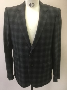 BURBERRY, Black, Gray, Wool, Check , Single Breasted, 2 Buttons,  4 Pockets, Notched Lapel, 2 Center Back Vents