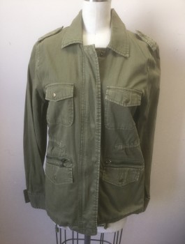 Womens, Casual Jacket, LILY ALDRIDGE VELVET, Olive Green, Cotton, Solid, XS, Twill, Snap and Zip Front, Collar Attached, 4 Pockets, Epaulettes at Shoulders, Drawstring Waist, No Lining