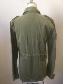 Womens, Casual Jacket, LILY ALDRIDGE VELVET, Olive Green, Cotton, Solid, XS, Twill, Snap and Zip Front, Collar Attached, 4 Pockets, Epaulettes at Shoulders, Drawstring Waist, No Lining