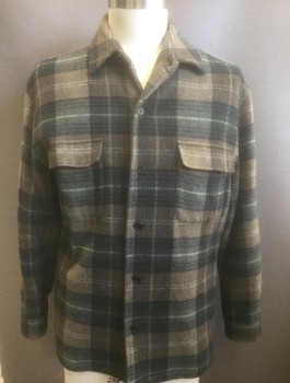 PENDLETON, Brown, Forest Green, Beige, Dk Brown, Wool, Cashmere, Plaid, Flannel, Long Sleeve Button Front, Collar Attached, 2 Patch Pockets with Flaps, Brown Nylon Lining