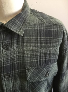 Mens, Casual Jacket, OUTDOOR LIFE, Olive Green, Faded Black, Cotton, Polyester, Plaid, XL, Long Sleeves, Button Front, 4 Pockets, Lined in Faux Sheepskin, Flannel,