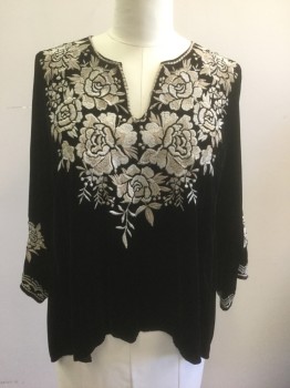 JOHNNY WAS, Black, Beige, Rayon, Silk, Solid, Black Crushed Velvet with Beige Floral Embroidery at Neck/Shoulders and Cuffs, Round Neck with V Notch at Center, 3/4 Sleeves