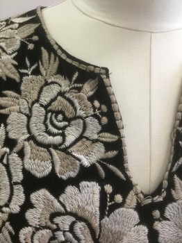 JOHNNY WAS, Black, Beige, Rayon, Silk, Solid, Black Crushed Velvet with Beige Floral Embroidery at Neck/Shoulders and Cuffs, Round Neck with V Notch at Center, 3/4 Sleeves