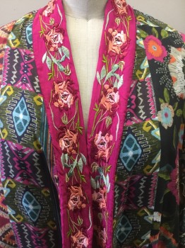 JOHNNY WAS, Black, Hot Pink, Orange, Teal Blue, Aqua Blue, Silk, Floral, Short Silk Robe, Hot Pink Placket with Floral Embroidery, Black with Multi Color Floral and Abstract Print, 3/4 Sleeves