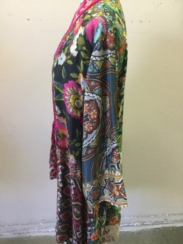 Womens, SPA Robe, JOHNNY WAS, Black, Hot Pink, Orange, Teal Blue, Aqua Blue, Silk, Floral, S, Short Silk Robe, Hot Pink Placket with Floral Embroidery, Black with Multi Color Floral and Abstract Print, 3/4 Sleeves