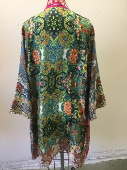 Womens, SPA Robe, JOHNNY WAS, Black, Hot Pink, Orange, Teal Blue, Aqua Blue, Silk, Floral, S, Short Silk Robe, Hot Pink Placket with Floral Embroidery, Black with Multi Color Floral and Abstract Print, 3/4 Sleeves