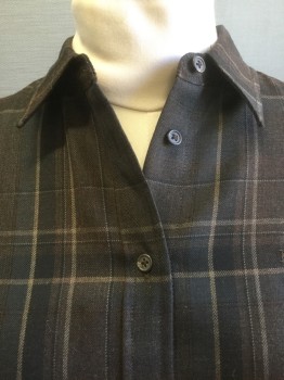 RALPH LAUREN, Brown, Gray, Black, Tan Brown, Wool, Plaid, Collar Attached, Button Front, Long Sleeves,