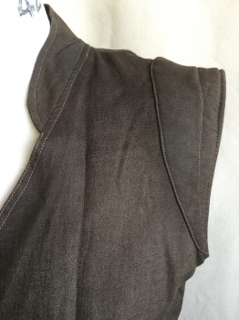 N/L, Dk Brown, Lt Brown, Cotton, Polyester, Solid, V-neck with Stand Collar Attached, Wraparound with 1 Brass Snap Front, 1 Large Pocket with Matching Brass Snap Button. Shinny Golden Brown Lining,  Quilt-like Padding on Upper Arm Holes, Asymmetrical Hem