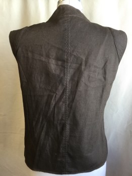 Mens, Vest, N/L, Dk Brown, Lt Brown, Cotton, Polyester, Solid, L, V-neck with Stand Collar Attached, Wraparound with 1 Brass Snap Front, 1 Large Pocket with Matching Brass Snap Button. Shinny Golden Brown Lining,  Quilt-like Padding on Upper Arm Holes, Asymmetrical Hem