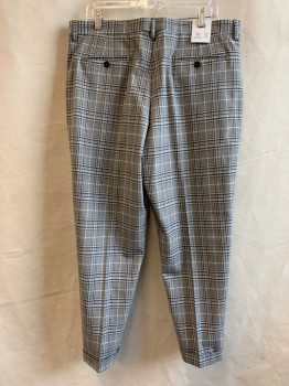 ZARA, Lt Gray, Navy Blue, Brown, Synthetic, Plaid, Flat Front, Belt Loops, 4 Pockets, Cuffed