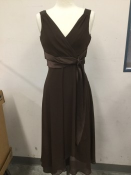 Womens, Cocktail Dress, JONES WEAR, Brown, Polyester, Solid, 6, Polyester Chiffon, Cross Over Pleated V-neck, 2 Inch Strap, Faux Wrap, Brown Satin Sash